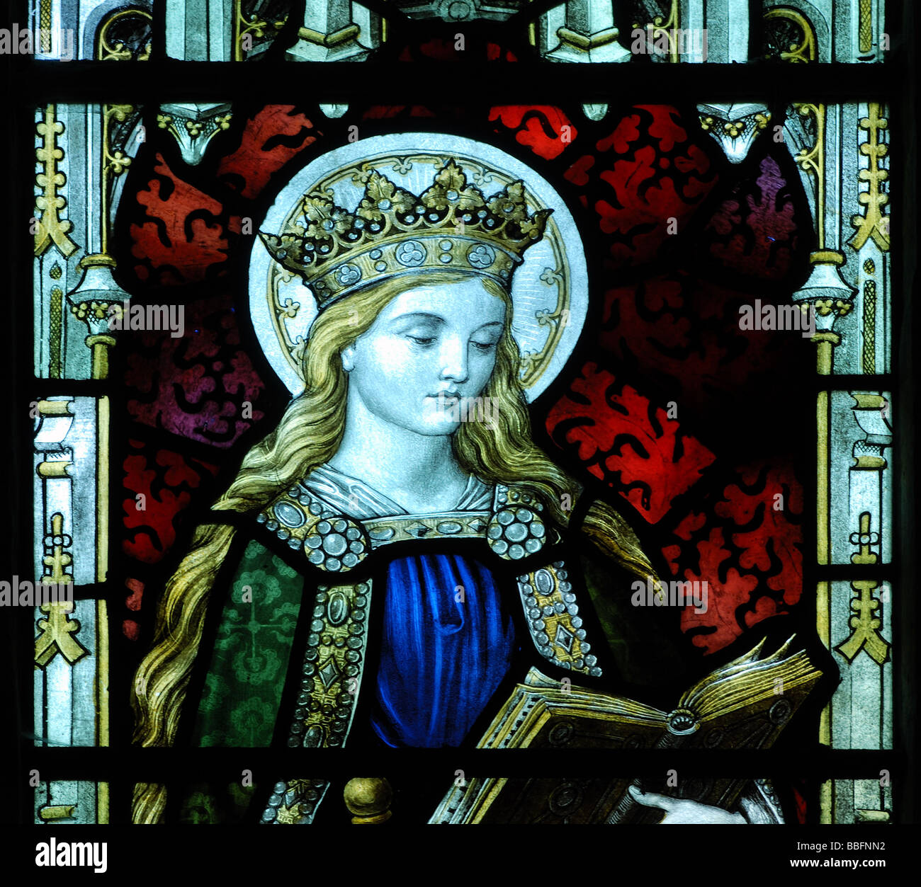 Saint Faith stained glass, St. Faith`s Church, Overbury, Worcestershire, England, UK Stock Photo